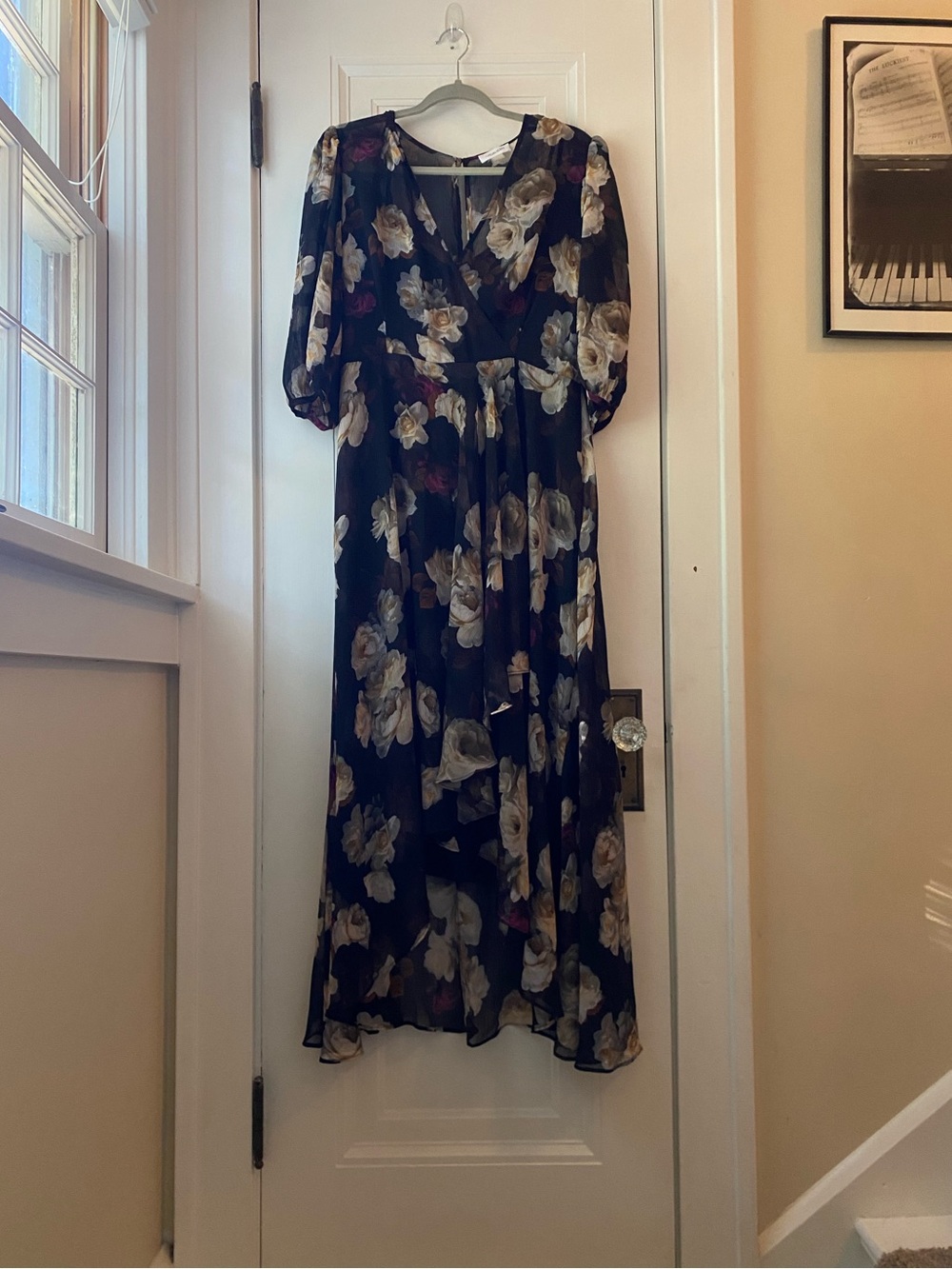 Gorgeous Calvin Klein floral high low dress black cream burgundy bronze 12